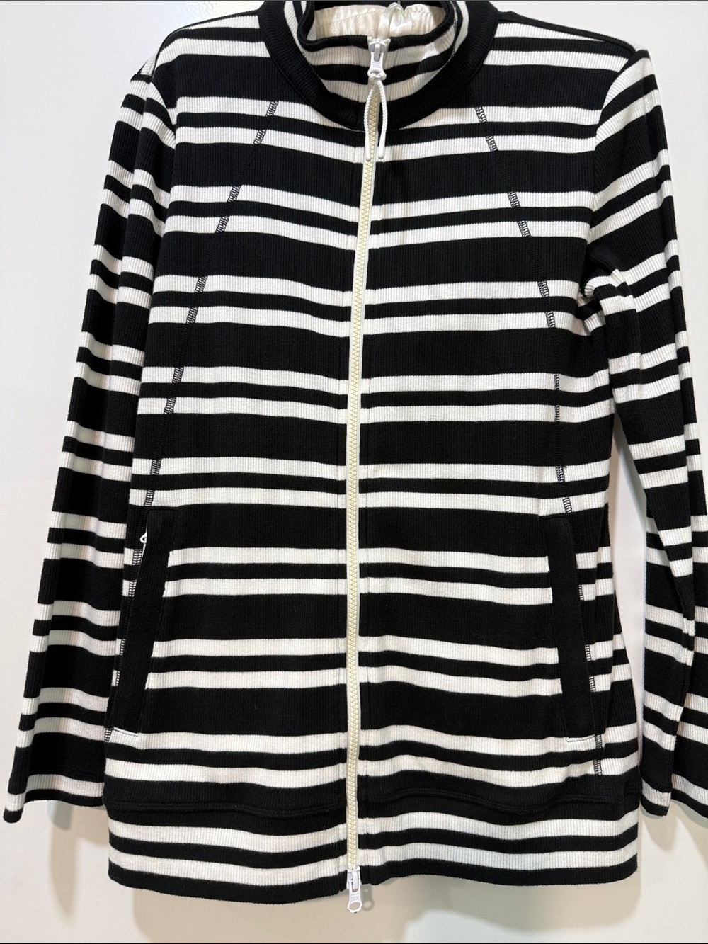 Talbots Black & White Striped Zip-Front Knit Jacket